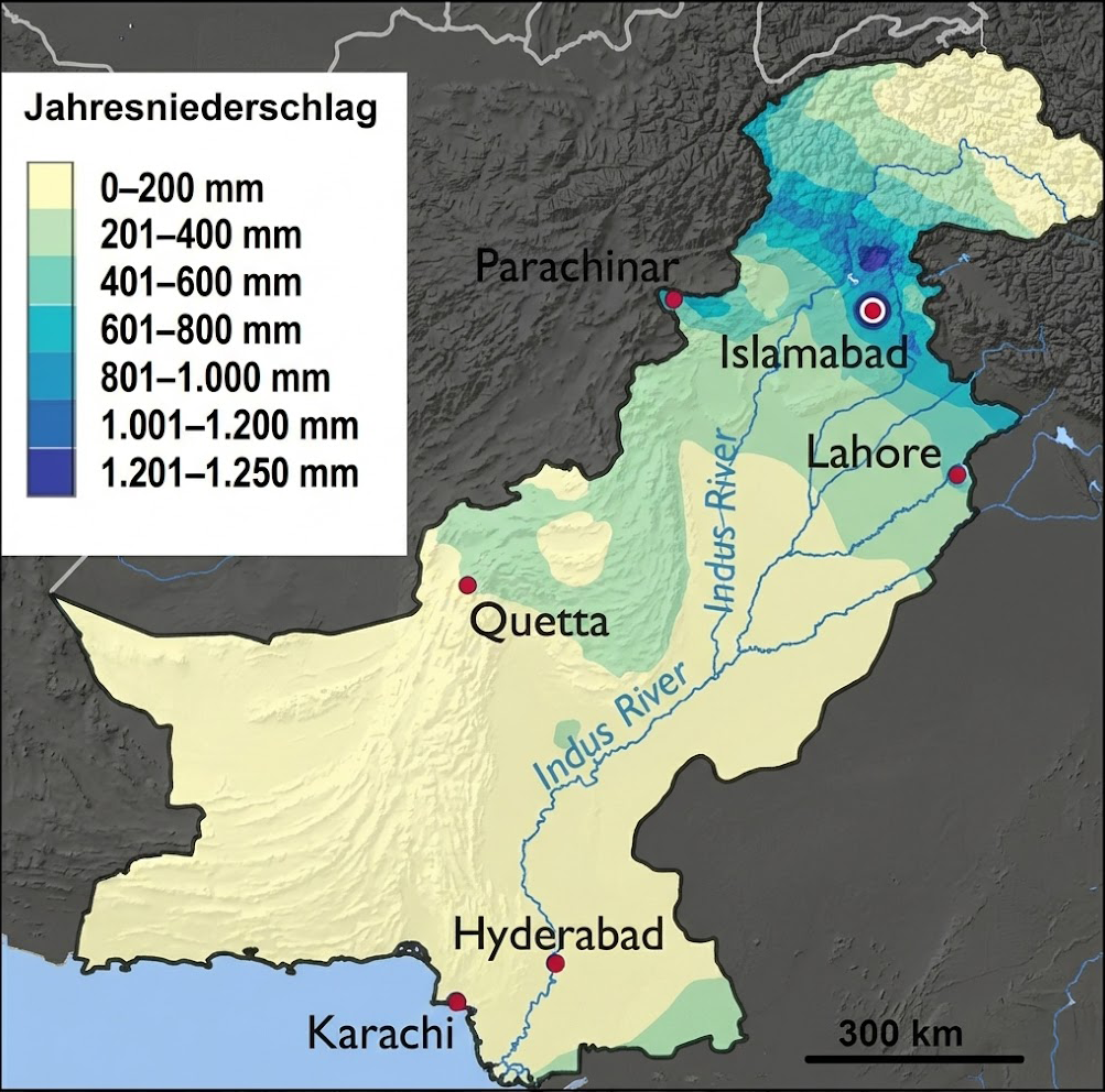 Karte von Pakistan mit Farblegende zum Jahresniederschlag und markierten Städten (Islamabad, Lahore, Karachi)